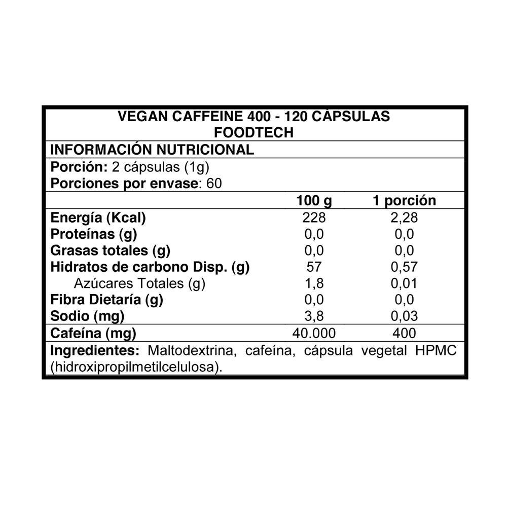 SUPLEMENTO VEGANO FOODTECH VEGAN CAFFEINE 400 CAPSULAS 120 UN - 2