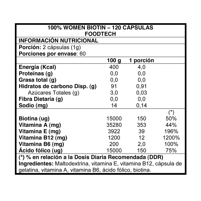 100% WOMEN BIOTIN 120 CAPS - FOODTECH - 2
