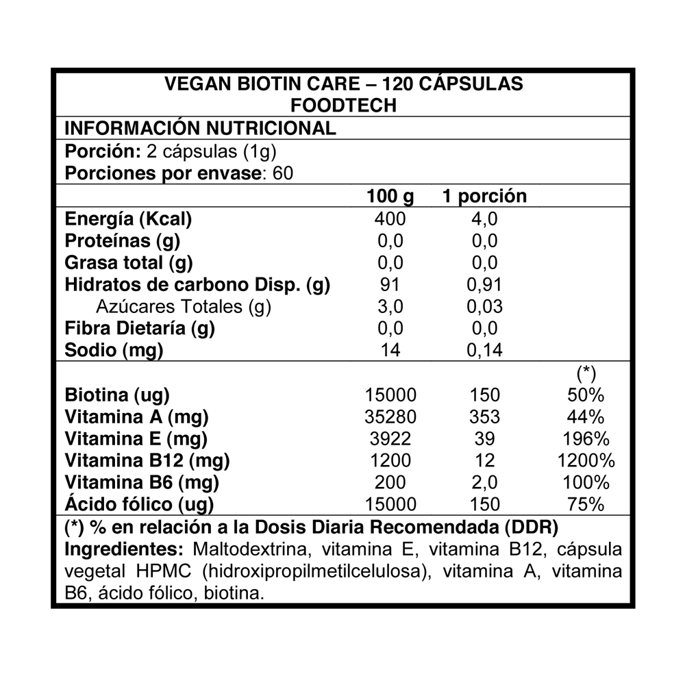 SUPLEMENTO VEGANO FOODTECH VEGAN BIOTIN CARE CAPSULAS 120 UN - 2