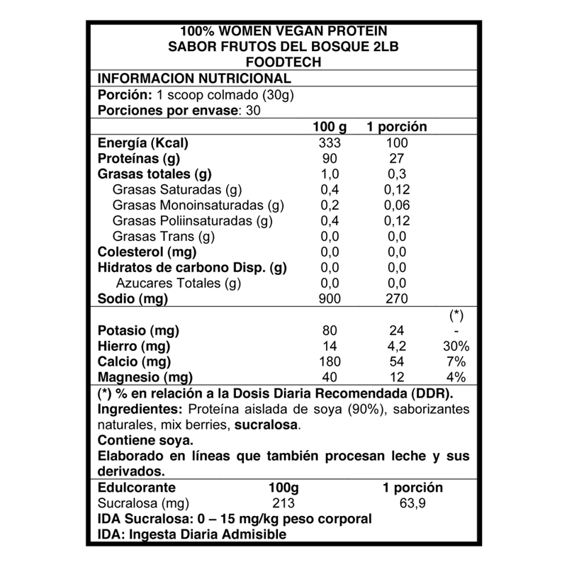 SUPLEMENTO FOODTECH 100 % WOMEN VEGAN PROTEIN FRUTOS DEL BOSQUE 2 LB - 2