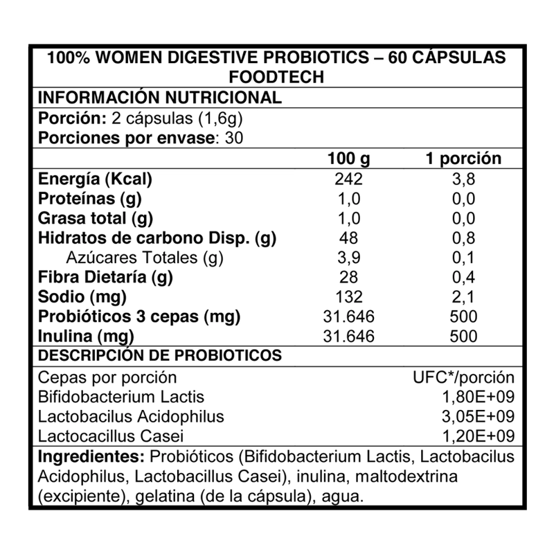 SUPLEMENTO ALIMENTICIO FOODTECH 100% WOMEN DIGESTIVE PROBIOTICS 60 CAPS - 2