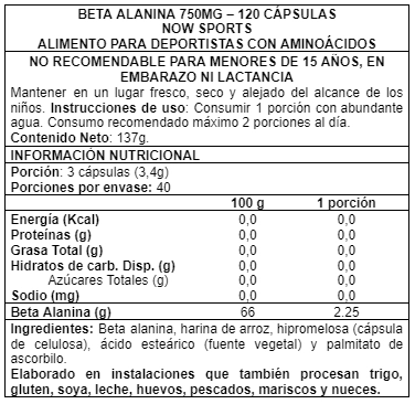BETA ALANINA NOW FOODS 750 MG 120 CAPS - 2