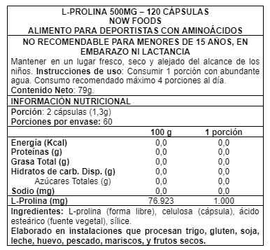 SUPLEMENTO ALIMENTICIO NOW FOODS L PROLINE 500 MG 120 CAPS - 2