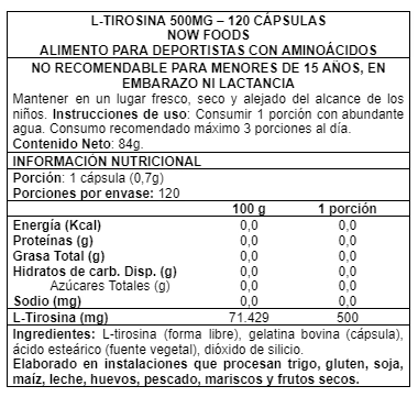 SUPLEMENTO ALIMENTICIO NOW FOODS L TYROSINE 500 MG 120 CAPS - 2