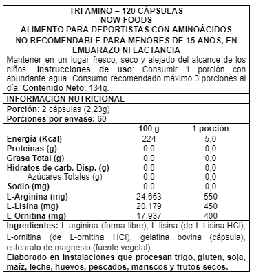 AMINOÁCIDO NOW FOODS TRI AMINO 120 CAPS - 2