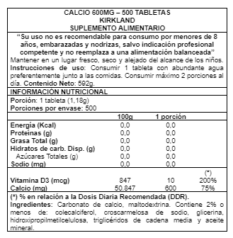 SUPLEMENTO ALIMENTICIO KIRKLAND CALCIUM 600MG 500 TABS - 2
