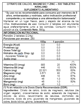 SUPLEMENTO ALIMENTICIO KIRKLAND CALCIUM,MAGNESIUM AND ZINC 500 TABS - 2