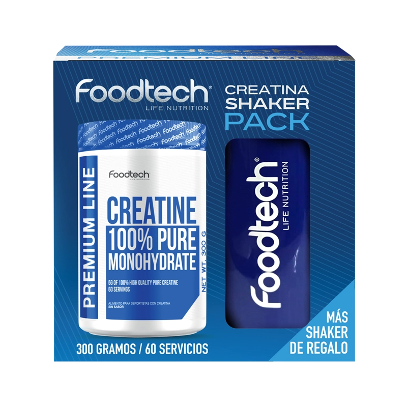 PACK CREATINA 300GR + SHAKER BLUE WHITE - FOODTECH - 1
