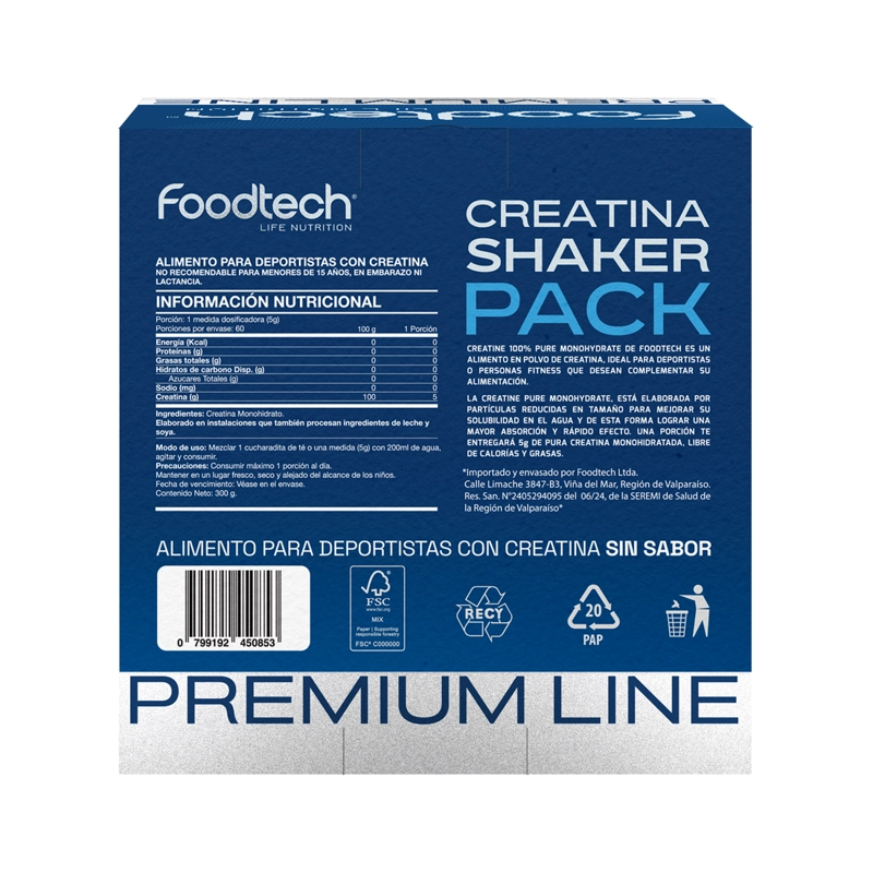 PACK CREATINA 300GR + SHAKER BLUE WHITE - FOODTECH - 2