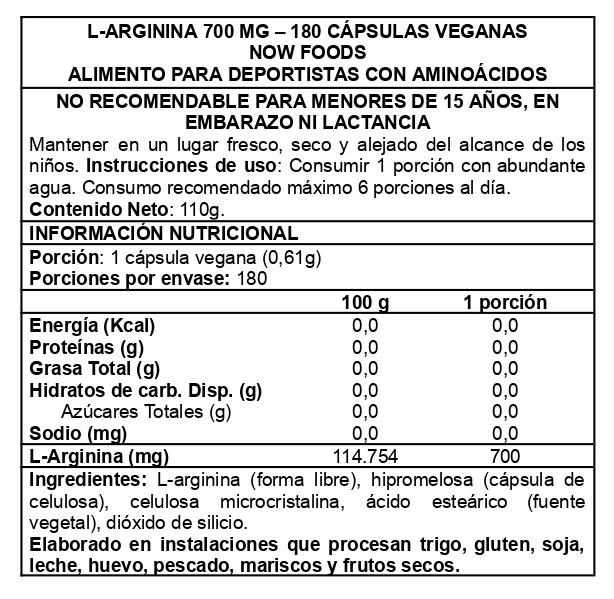 L-ARGININE 700 MG 180 CAPS - NOW FOODS - 2