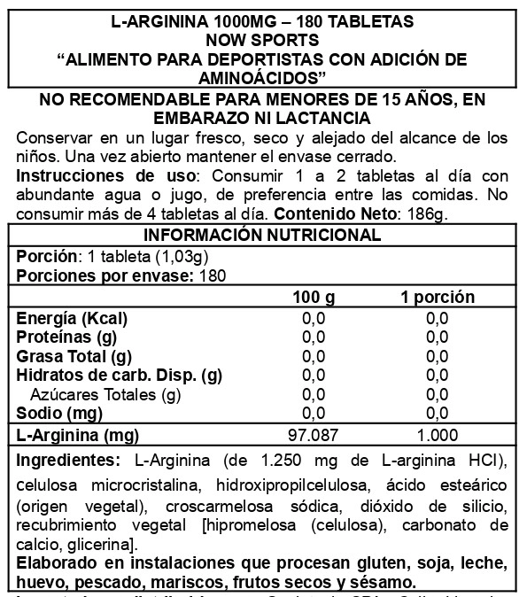 L-ARGININE 1000MG 180 TABLETAS - NOW FOODS - 2