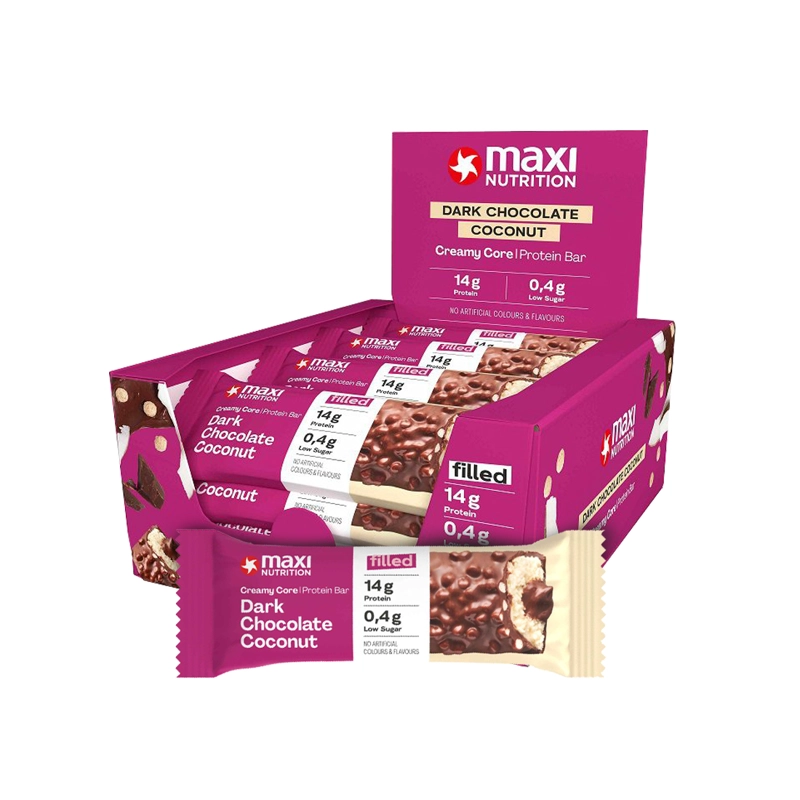 CAJA PROTEIN BAR CREAMY CORE 12 UNID DARK CHOCOLATE COCONUT - MAXI NUTRITION - 1