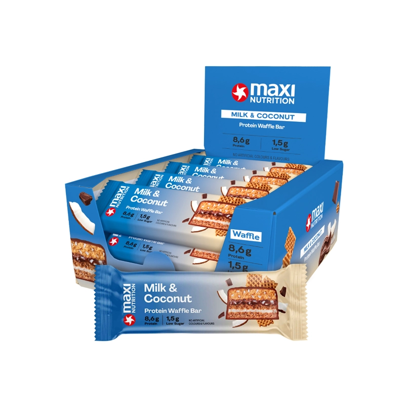 CAJA WAFFLE BAR 12 UNID MILK & COCONUT - MAXI NUTRITION - 1