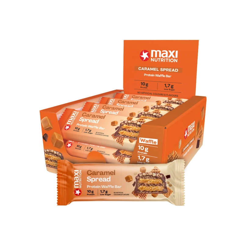 CAJA WAFFLE BAR 12 UNID CARAMEL - MAXI NUTRITION - 1