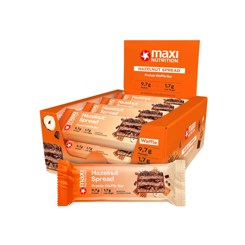 CAJA WAFFLE BAR 12 UNID HAZELNUT SPREAD - MAXI NUTRITION - 1