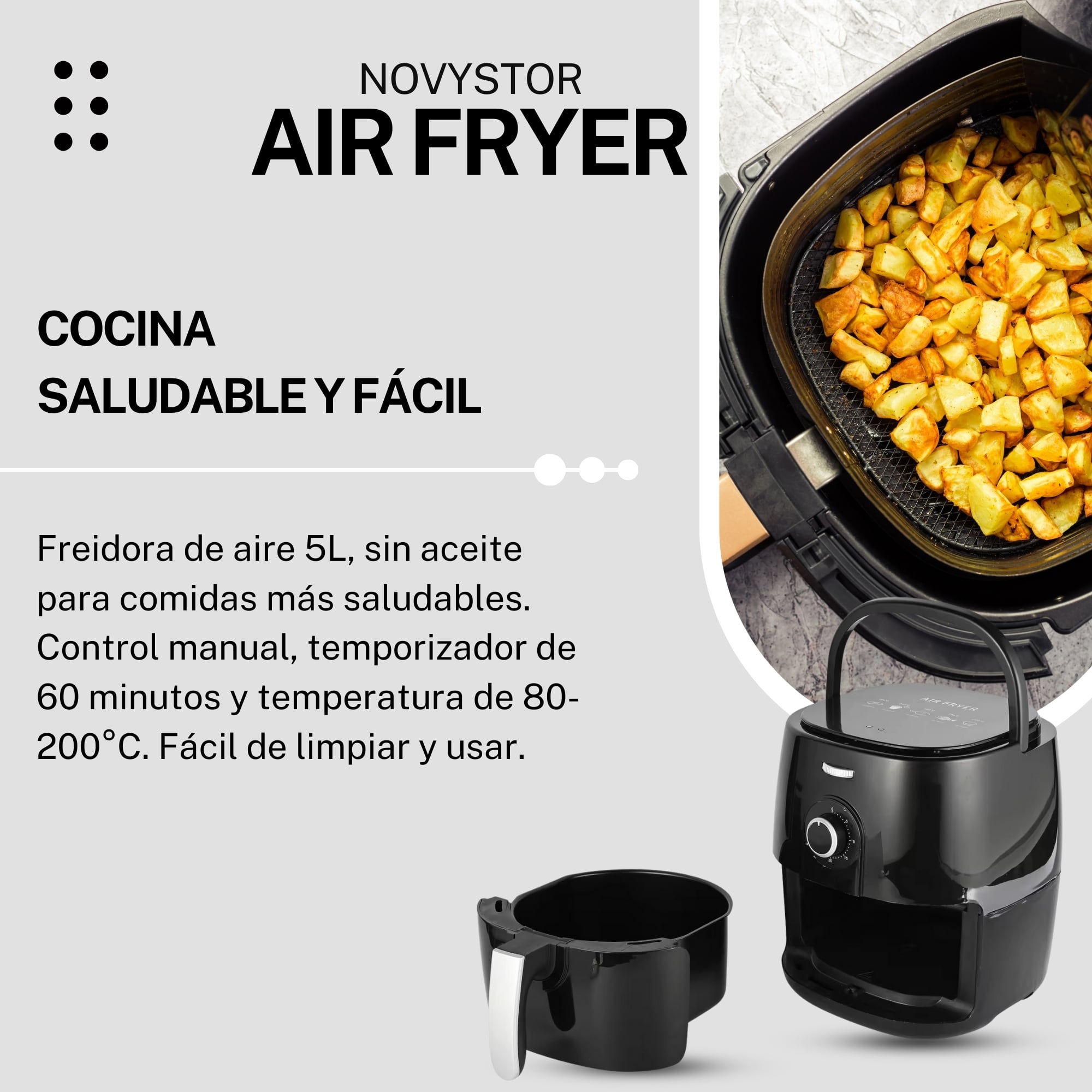 FREIDORA DE AIRE MANUAL 5L, SALUDABLE Y SIN ACEITE, 1350W - 6