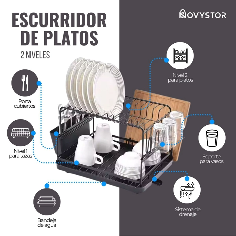 SECAPLATOS ESCURRIDOR ACERO INOXIDABLE DE 2 NIVELES +DRENAJE - 4