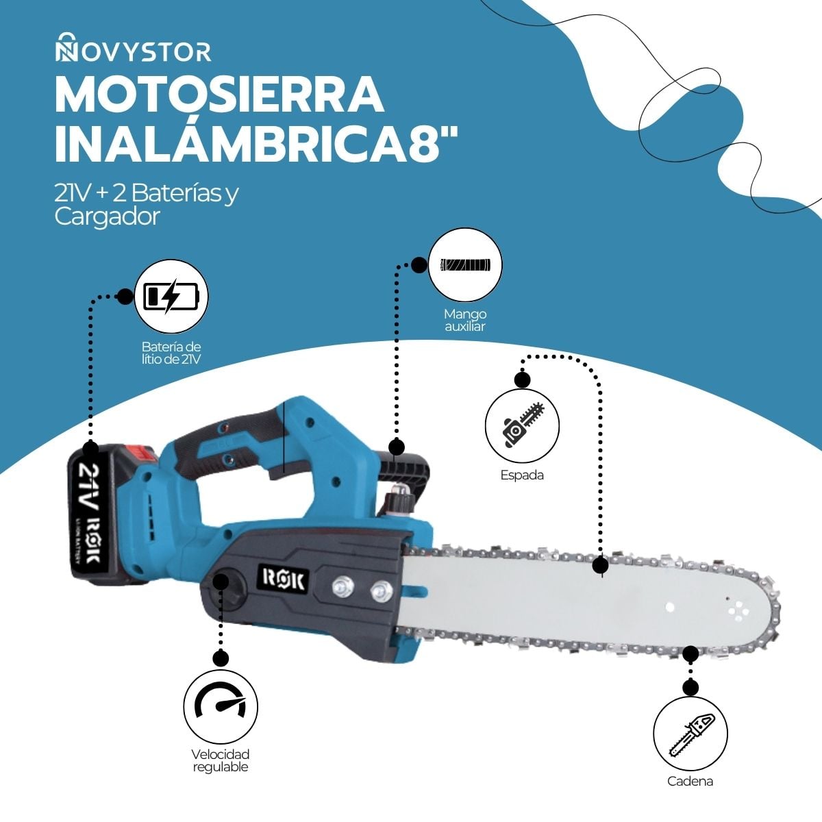 MOTOSIERRA ELE CTRICA ROK 12' 900W 21V 2 BATERIAS LITIO - 3