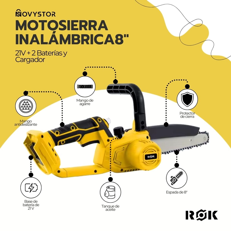 MOTOSIERRA INALAMBRICA ROK 8' 21V + 2 BATERIAS Y CADENA - 3