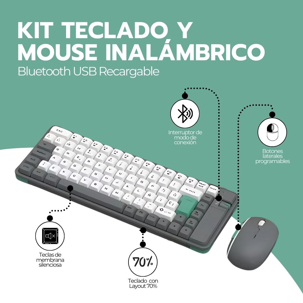 KIT TECLADO Y MOUSE INALAMBRICO BLUETOOTH USB-C RECARGABLE - 3
