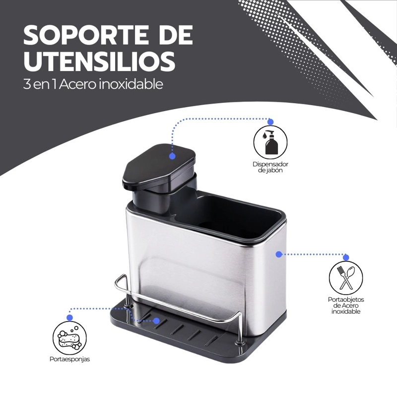SOPORTE DE UTENSILIOS 3 EN 1 ACERO INOXIDABLE + DISPENSADOR - 3