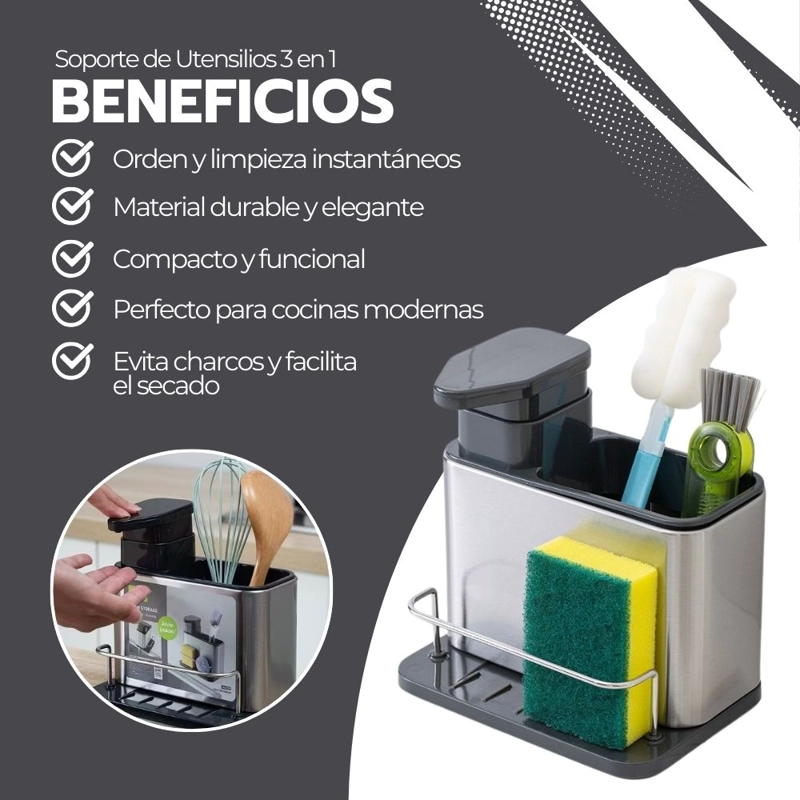 SOPORTE DE UTENSILIOS 3 EN 1 ACERO INOXIDABLE + DISPENSADOR - 4