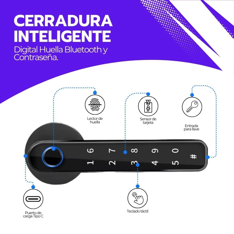 CERRADURA INTELIGENTE DIGITAL HUELLA BLUETOOTH Y CONTRASEÑA - 3