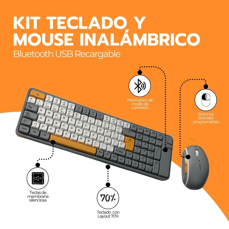KIT TECLADO Y MOUSE INALAMBRICO NUME RICO BLUETOOTH USB - 3