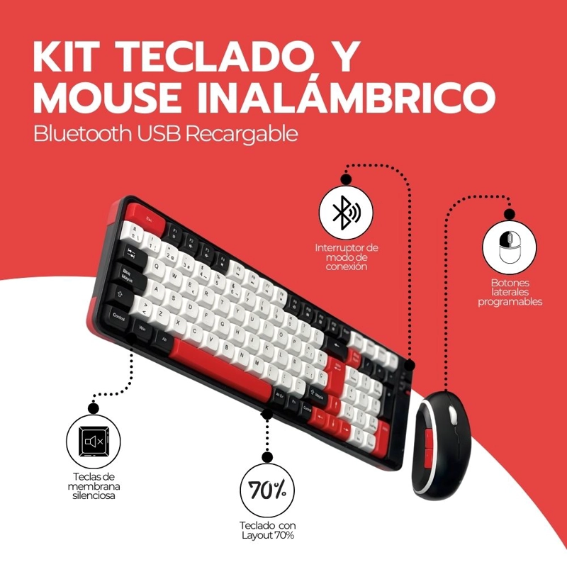 KIT TECLADO Y MOUSE INALAMBRICO BLUETOOTH RECARGABLE ROJO - 3