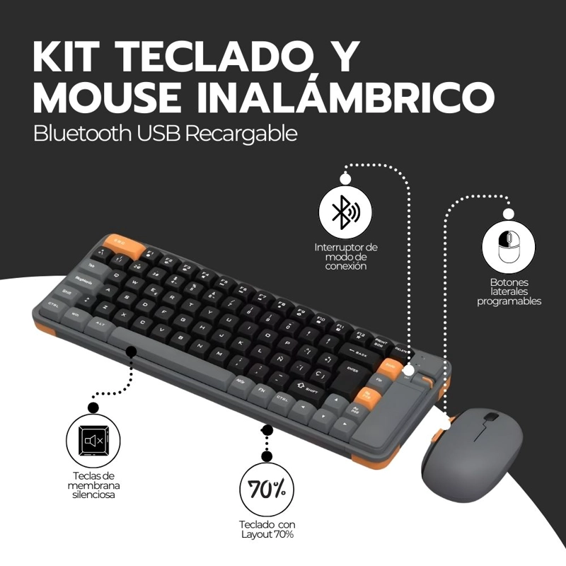KIT TECLADO Y MOUSE INALAMBRICO BLUETOOTH USB AMARILLO - 3