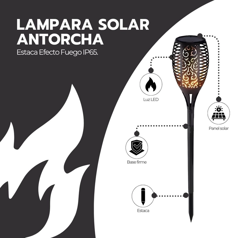 LAMPARA SOLAR ANTORCHA PARA JARDIN ESTACA EFECTO FUEGO IP65 - 3