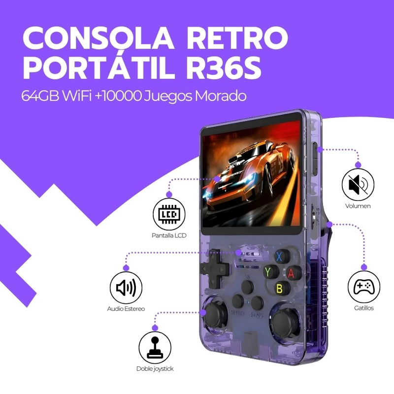 CONSOLA RETRO PORTATIL R36S 64GB WIFI +10000 JUEGOS MORADO - 3