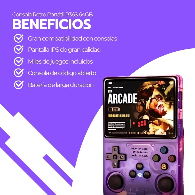CONSOLA RETRO PORTATIL R36S 64GB WIFI +10000 JUEGOS MORADO - 4