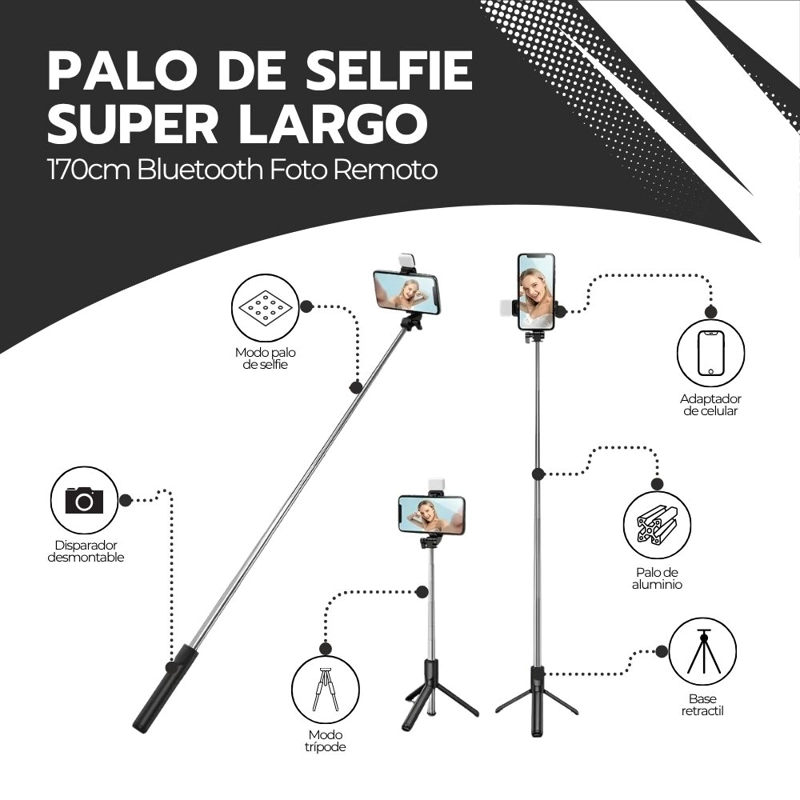 TRIPODE SUPER LARGO PALO SELFIE 170CM BLUETOOTH FOTO REMOTO - 3