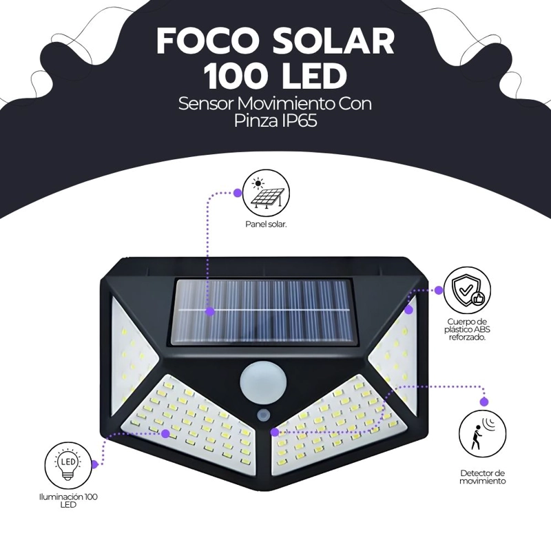 FOCO SOLAR 100 LED SENSOR MOVIMIENTO CON PINZA IP65 - 3