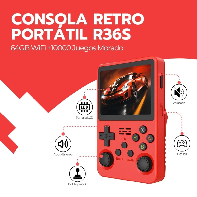 CONSOLA RETRO PORTATIL R36S 64GB WIFI +10000 JUEGOS ROJO - 3