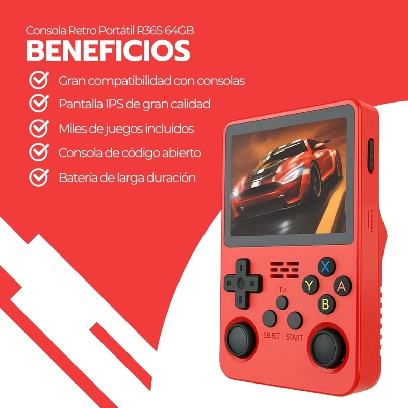 CONSOLA RETRO PORTATIL R36S 64GB WIFI +10000 JUEGOS ROJO - 4