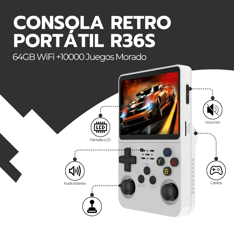 CONSOLA RETRO PORTATIL R36S 64GB WIFI +10000 JUEGOS BLANCO - 3