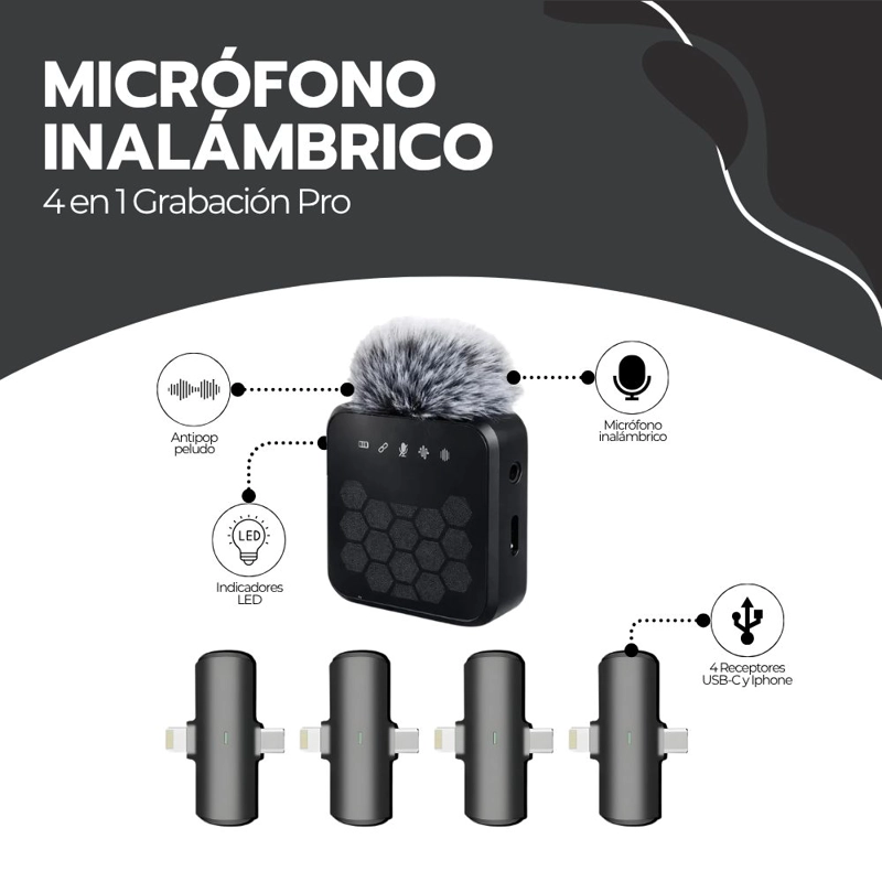 MICROFONO LAVALIER INALAMBRICO 4 EN 1 GRABACION PRO - 3