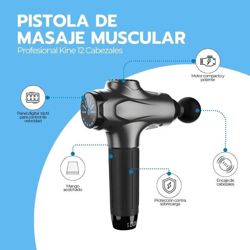 MASAJEDOR MUSCULAR PISTOLA MASAJE PROFESIONAL KINE 12 CABEZA - 3