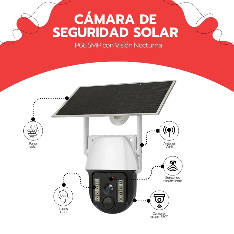 CAMARA SEGURIDAD SOLAR WIFI EXTERIOR 5MP IP66 VISION NOCTURNA 360 DETECCION MOVIMIENTO APP FULL HD - 3