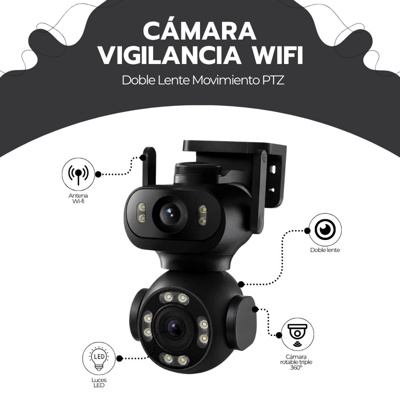 CAMARA VIGILANCIA WIFI DOBLE LENTE PTZ IA MOVIMIENTO 360° VISION NOCTURNA EXTERIOR INTERIOR NEGRO - 3