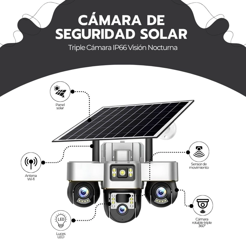 CAMARA SEGURIDAD SOLAR WIFI EXTERIOR TRIPLE LENTE VISION NOCTURNA V380PRO FULL HD 1080P - 3