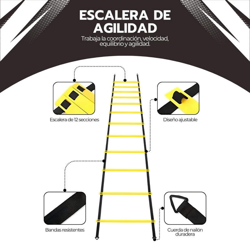 KIT ENTRENAMIENTO AGILIDAD ESCALERA CONOS CUERDA FUTBOL VELOCIDAD 55CM AMARILLO NOVYSTOR - 6