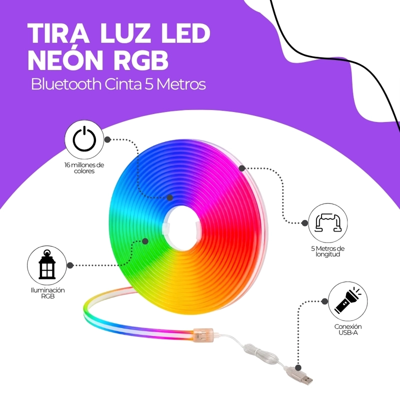TIRA LUZ LED NEON RGB BLUETOOTH 5 METROS CINTA FLEXIBLE DECORACION USB NOVYSTOR NL-5M - 3