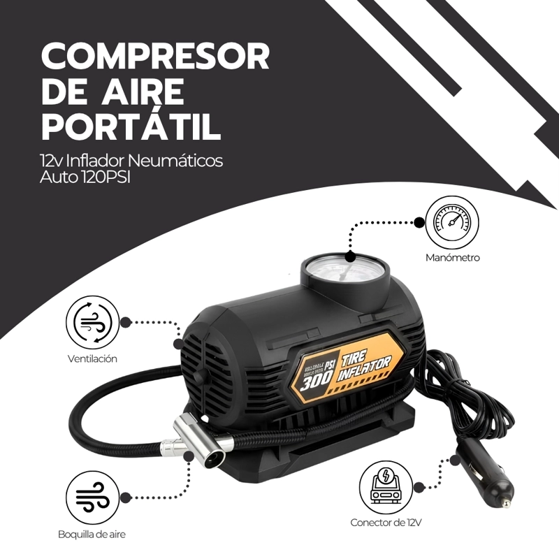 COMPRESOR DE AIRE PORTATIL 12V INFLADOR NEUMATICOS AUTO 120PSI MANOMETRO COMPACTO NEGRO INF-06 - 3