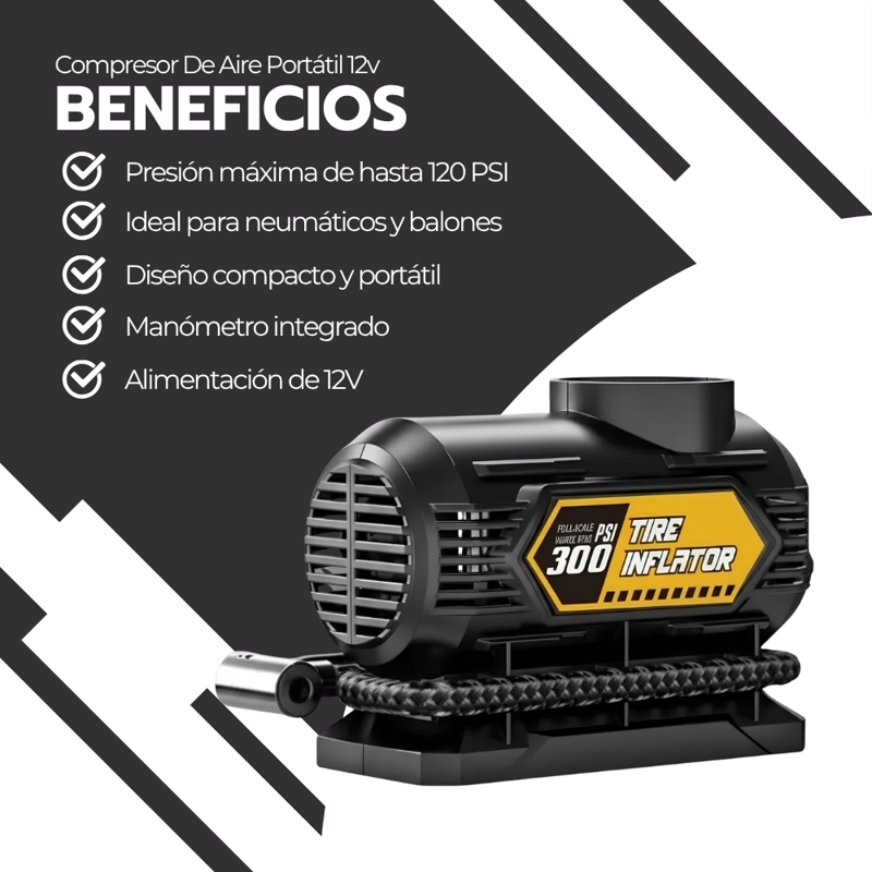 COMPRESOR DE AIRE PORTATIL 12V INFLADOR NEUMATICOS AUTO 120PSI MANOMETRO COMPACTO NEGRO INF-06 - 4