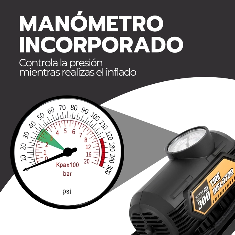 COMPRESOR DE AIRE PORTATIL 12V INFLADOR NEUMATICOS AUTO 120PSI MANOMETRO COMPACTO NEGRO INF-06 - 6
