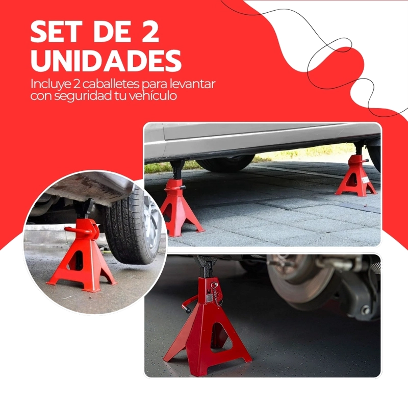 SET 2 CABALLETES MECANICOS 3 TONELADAS BANQUILLO PARA AUTO AJUSTABLE 28.5 A 42 CM ACERO REFORZADO - 8