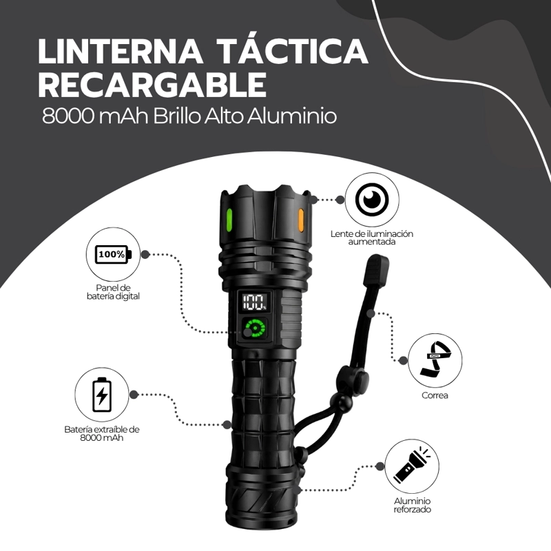 LINTERNA TACTICA RECARGABLE 8000 MAH LED ALUMINIO LUZ BLANCA AMARILLA CAMPING EMERGENCIA HOGAR - 3